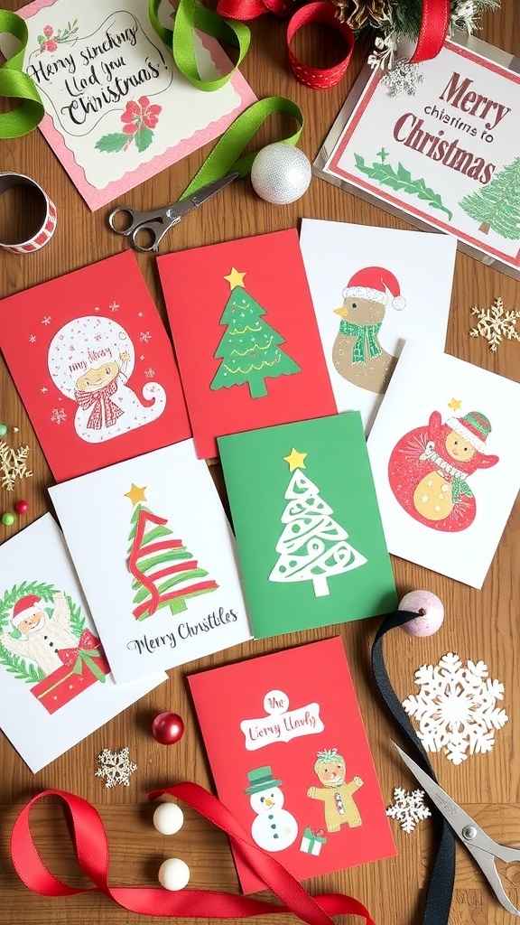 Handmade Christmas cards with colorful die-cut designs on a crafting table.